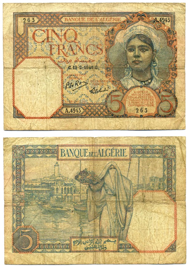 Алжир 5 франков 1941 13 февраля 1941, signatures: de Roux & Sebald Pick 77b бумага 6285-11-1-1