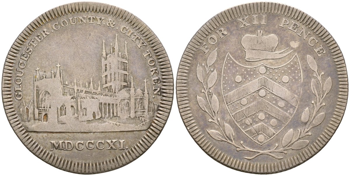 Великобритания, Глостершир жетон в 1 шиллинг 1811 жетон округа и города Глостер, вид на Глостерский собор Davis 6 серебро 1526-624