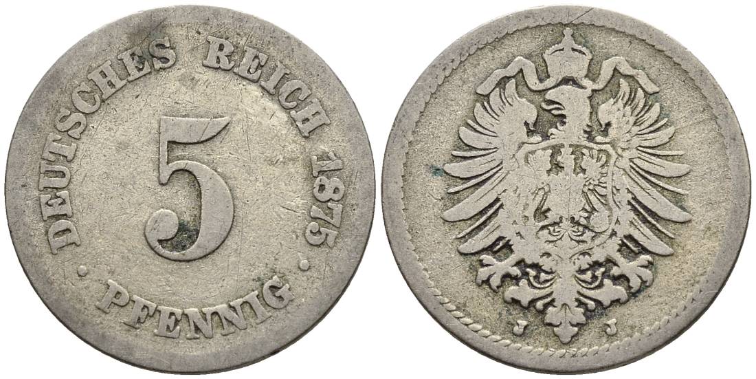ГЕРМАНИЯ 5 ПФЕННИГОВ 1875 J, СТАРОГЕРБОВКА KM 3, Jager 3, Weege 5 медно-никель 4546-1036