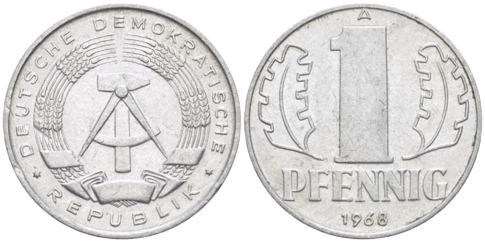 ГДР 1 ПФЕННИГ 1968 А KM 8.1 алюминий 96-628