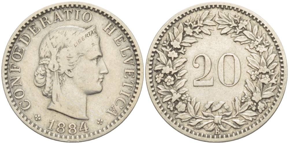 ШВЕЙЦАРИЯ 20 РАППЕНОВ 1884 KM 29а медно-никель 4544-334