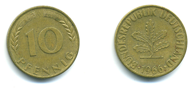 ФРГ 10 ПФЕННИГОВ 1966 D KM 108, J.383 сталь плакированная латунью 89-1723