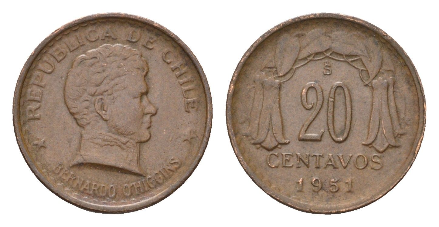 Чили 20 сентаво 1951 KM 177 медь 4689-137