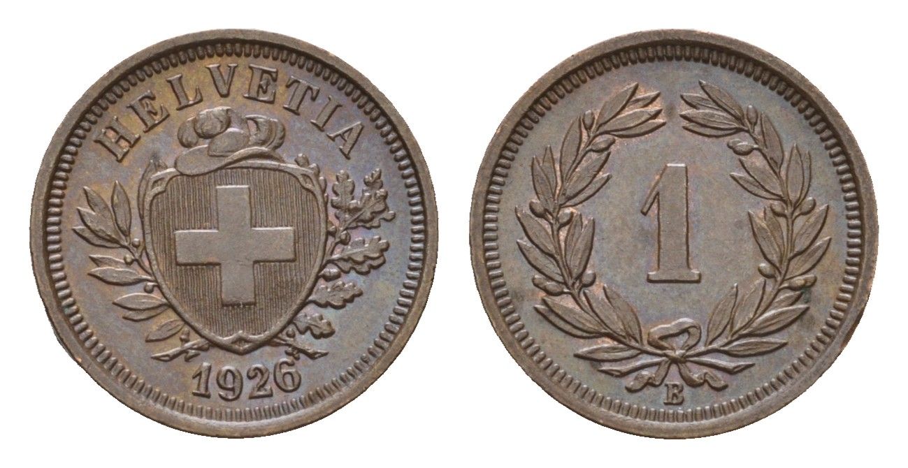 Швейцария 1 раппен 1926 B KM 3.2 бронза aUNC 1528-131