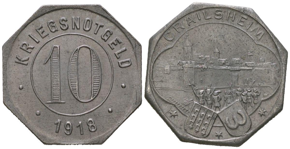 Крайльсхайм (Вюртемберг) 10 пфеннингов 1918 Funck 83.5, Men05 4675.2, Men18 5876.2 железо 4169-1055