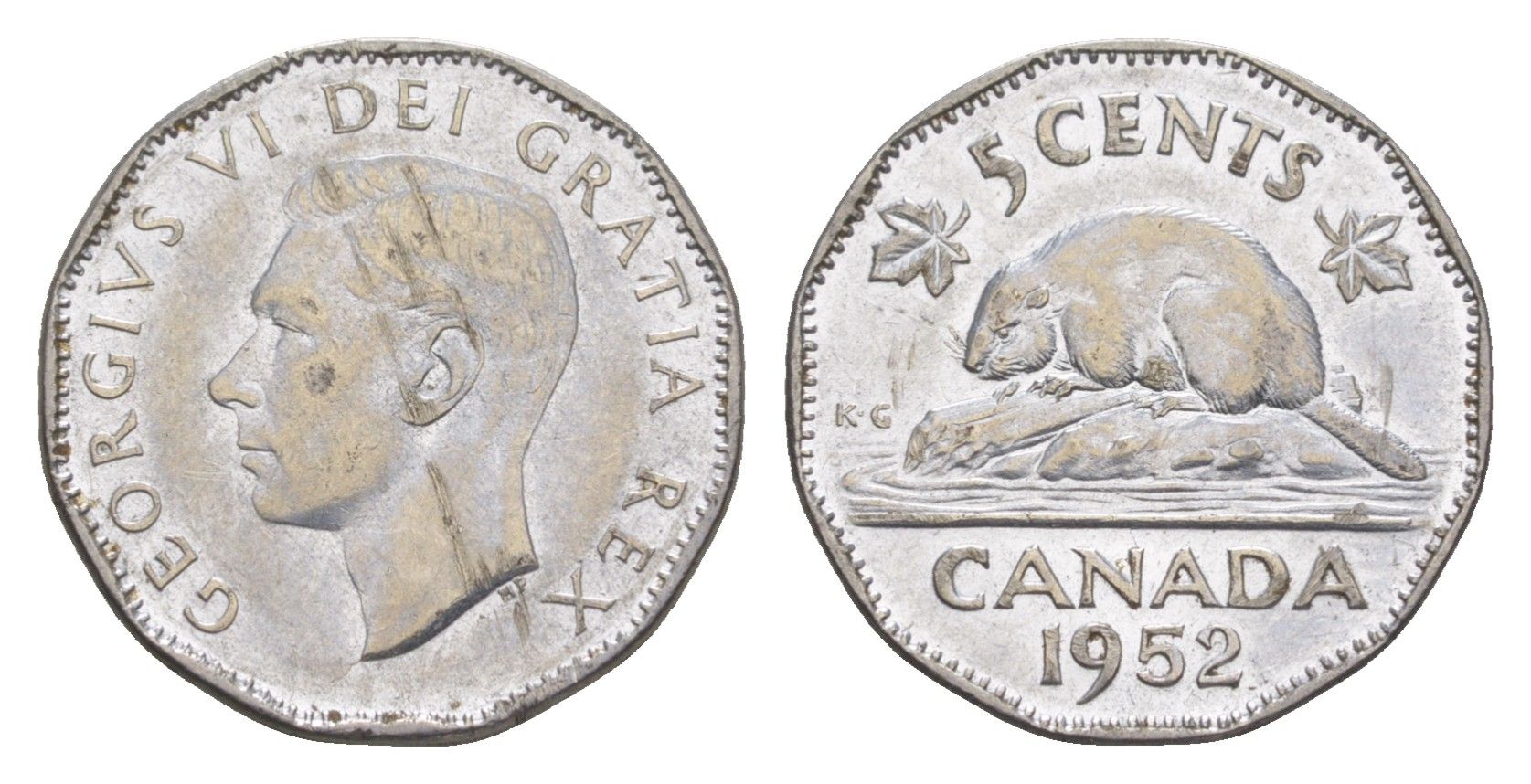 Канада 5 центов 1952 бобр Dot, Георг VI (1936-1952) KM 42a хромированная сталь aUNC 4651-338