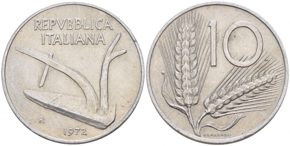 ИТАЛИЯ 10 ЛИР 1972 R, КОЛОСЬЯ, ПЛУГ KM 93 алюминий 77-851