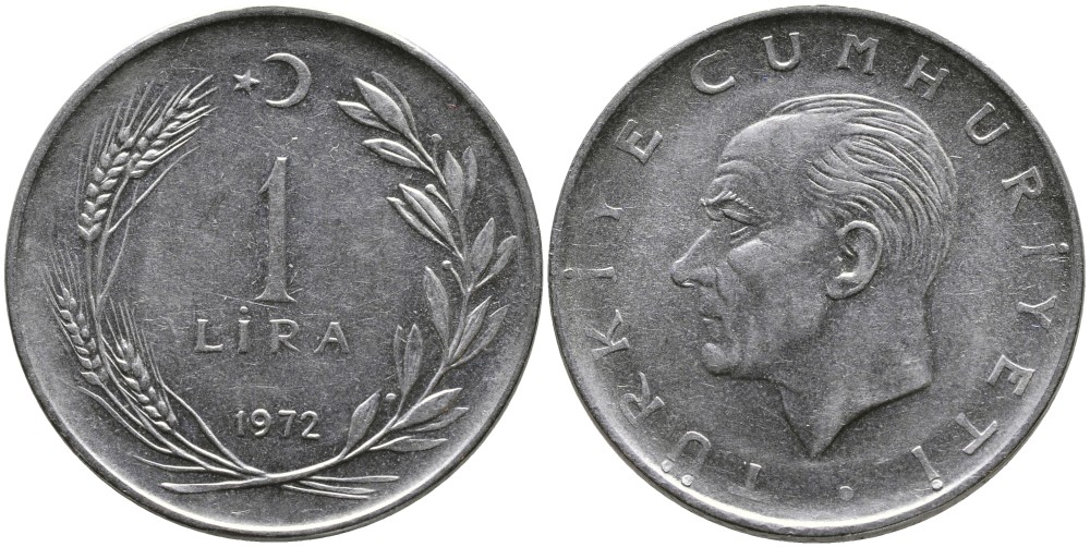 Турция 1 лира 1972 Мустафа Кемаль Ататюрк KM 889а.2 нержавеющая сталь 4364-4424