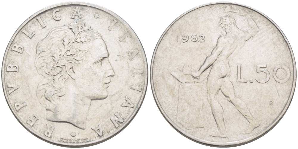 ИТАЛИЯ 50 ЛИР 1962 R, БОГ ОГНЯ ВУЛКАН У НАКОВАЛЬНИ KM 95.1 нержавеющая сталь 216-241