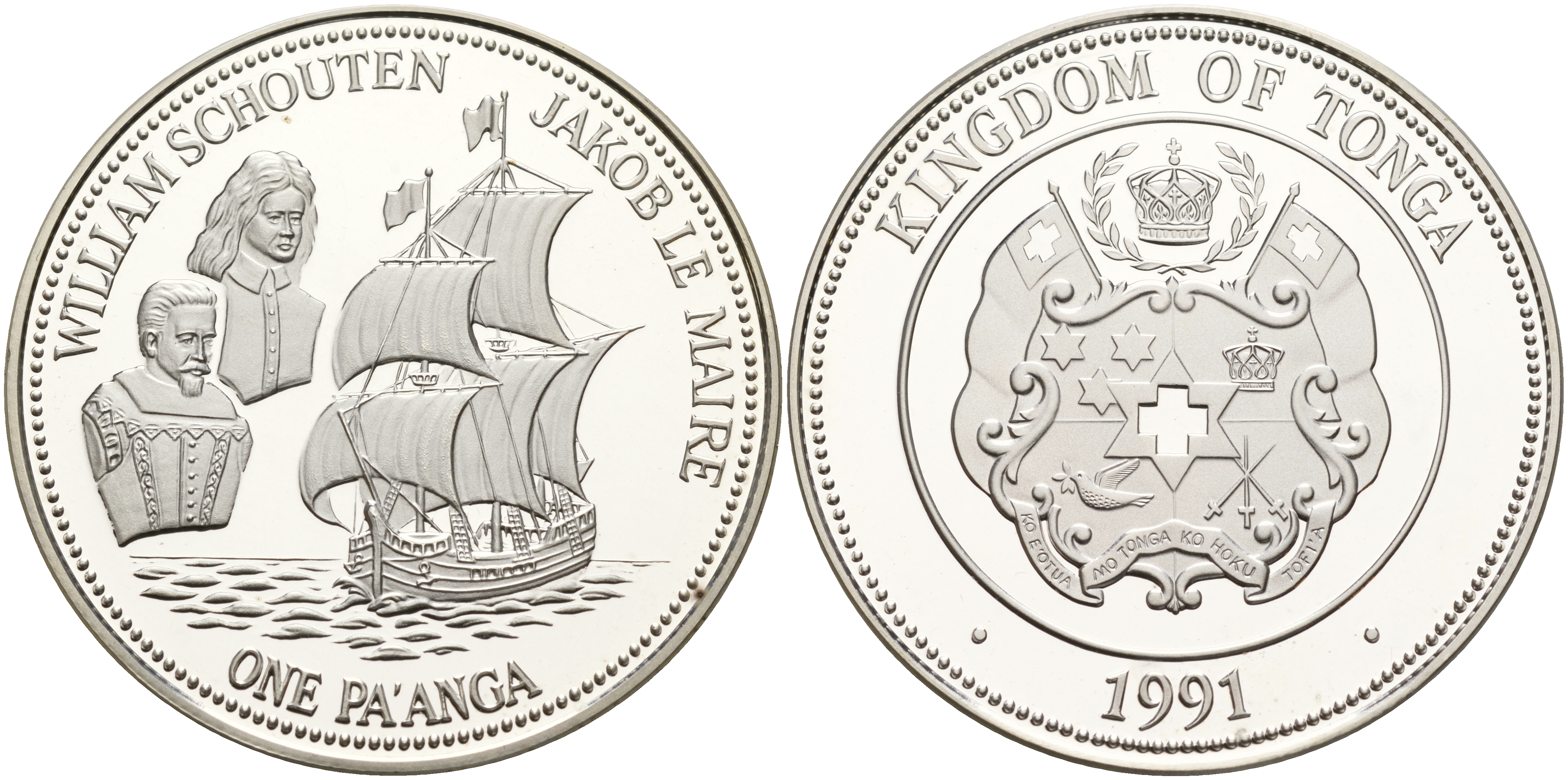 Тонга 1 паанга 1991 Виллем Схаутен (1567-1625) и Якоб Лемер (1585-1616), кругосветное путешествие в 1615-1616 годах KM 141 серебро PROOF 11-236-22
