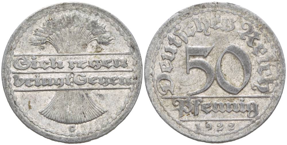 ГЕРМАНИЯ 50 ПФЕННИГОВ 1922 G KM 27, J. 301, Weege 10 алюминий 4551-1225