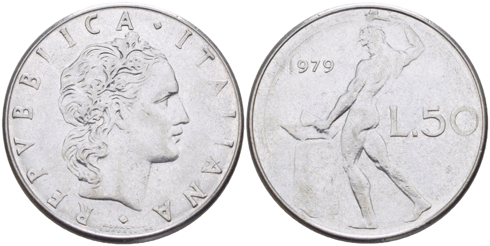 ИТАЛИЯ 50 ЛИР 1979 R, КУЗНЕЦ KM 95.1 нержавеющая сталь 89-1435