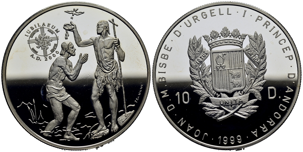 Андорра 10 динеров 1999 серия миллениум, крещение Иисуса Христа KM 158 серебро PROOF 11-152-35