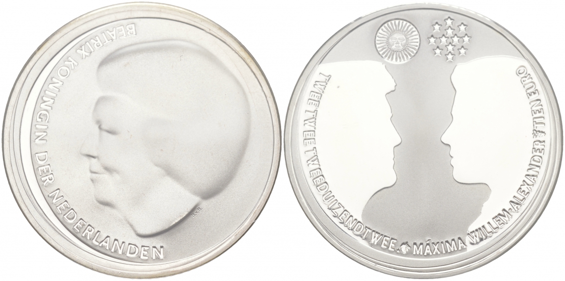 Нидерланды 10 евро 2002 королевская свадьба Виллема-Александра и принцессы Максимы KM 243 серебро PROOF 02-069-23