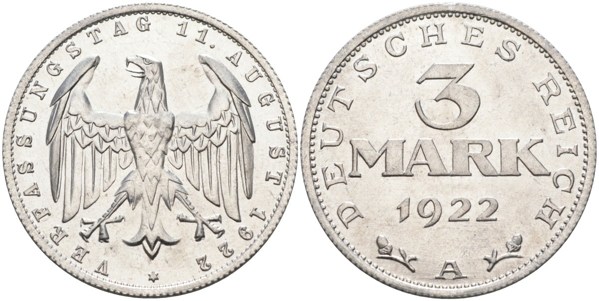 Германия 3 марки 1922 A, третья годовщина Веймарской Конституции KM 29, J.303 алюминий UNC 4587-241