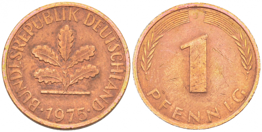 ФРГ 1 ПФЕННИГ 1975 J KM 105, J.380 сталь плакированная медью 4396-1525