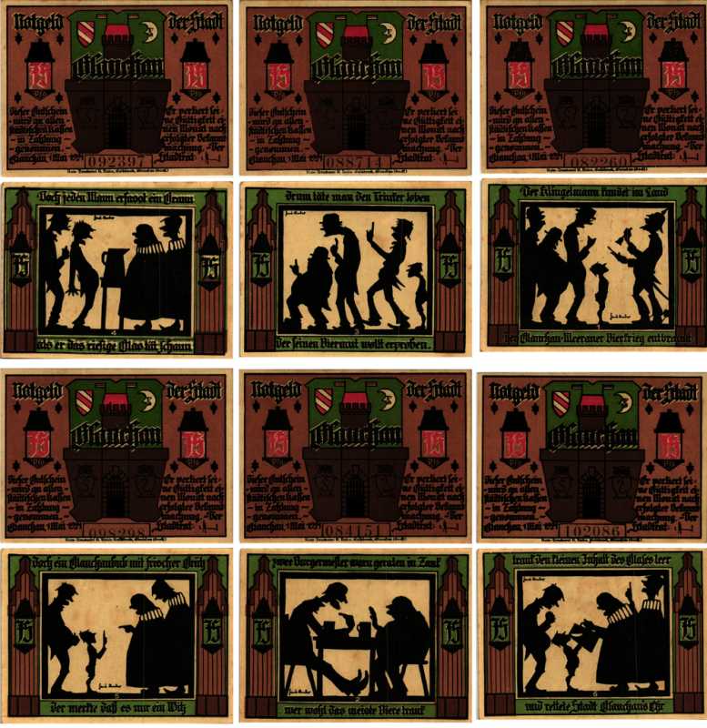 ГЛАУХАУ, ГЕРМАНИЯ НАБОР ИЗ 6 БАНКНОТ 1921 НОТГЕЛЬД, 1 ИЮНЯ 1921, ЗЕМЛЯ САКСОНИЯ ARNOLD KELLER 436.2 бумага 7553-6-3