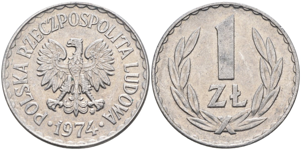 Польша 1 злотый 1974 MW, Народная Республика KM 49.1, Parchimowicz 213k алюминий 3336-944
