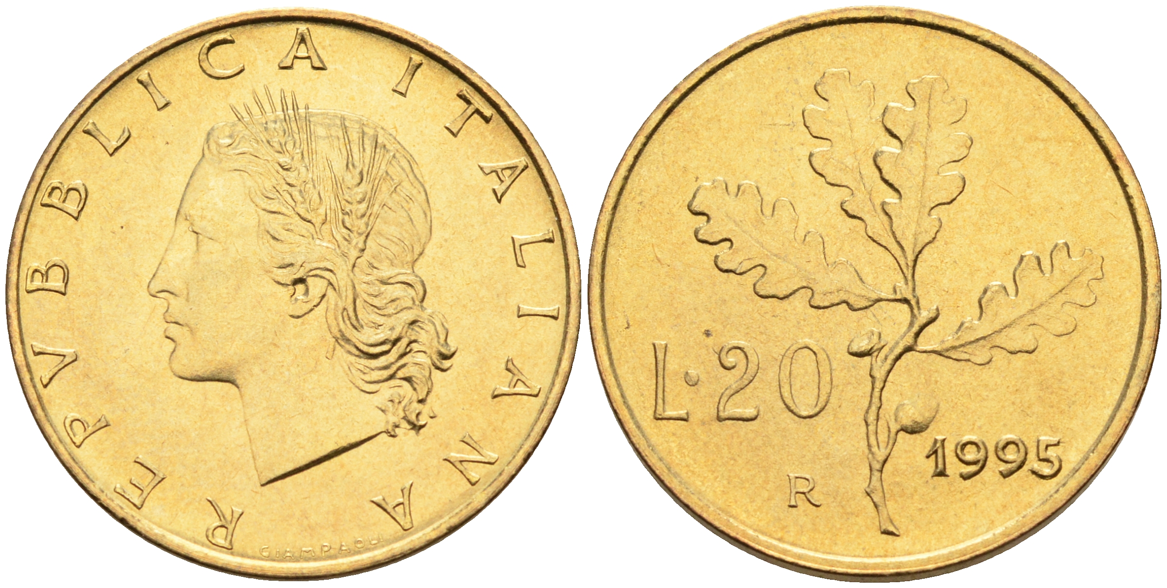 Италия 20 лир 1995 R, дубовый лист KM 97.2 алюминиевая бронза  UNC  4594-1011