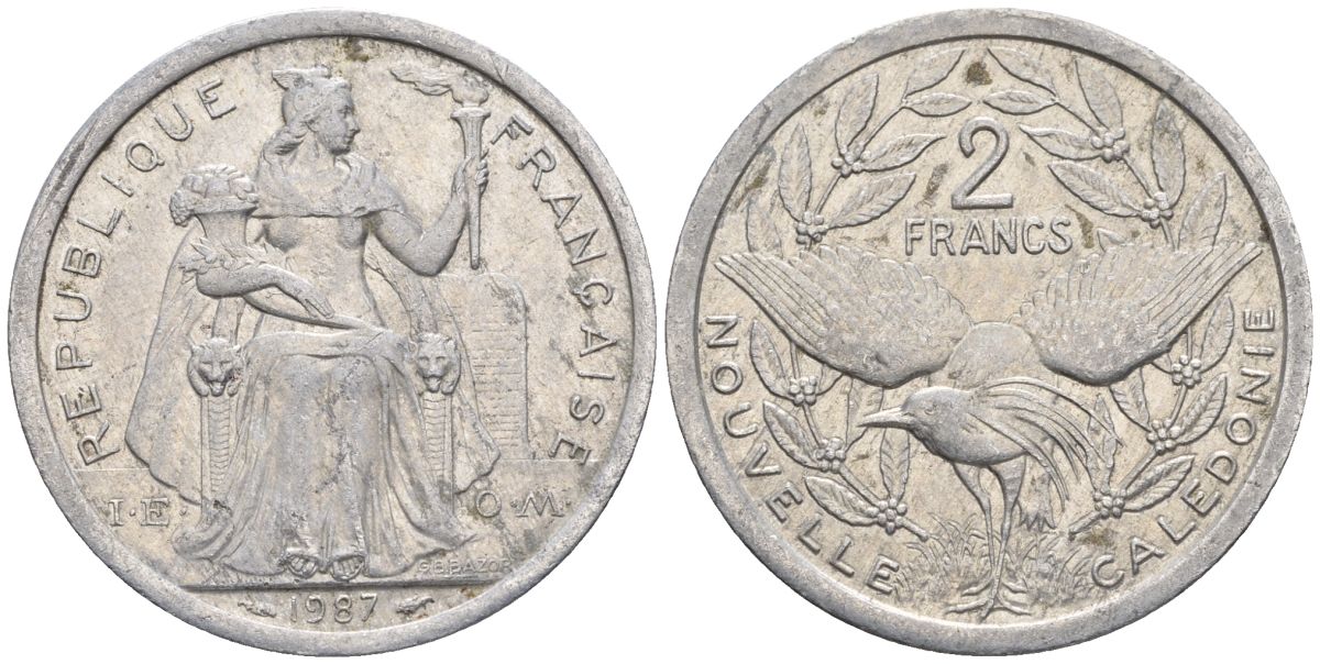 Французская Новая Каледония 2 франка 1987 птица кагу, (IEOM) KM 14, Schoen 11, Lec 64 алюминий    08-1211