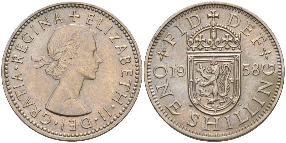 Великобритания 1 шиллинг 1958 Елизавета II (1952-2022), Шотландский герб KM 905, Spink 4148 медно-никель 4153-933
