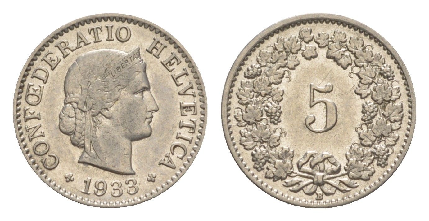Швейцария 5 раппенов 1933 B KM 26 медно-никель 4630-1212