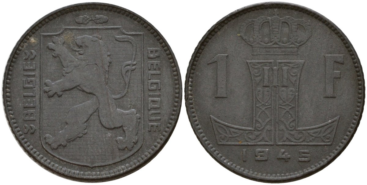 Бельгия 1 франк 1945 Belgie - Belgique, Леопольд III (1934-1947), германская оккупация, Вторая мировая война KM 128 цинк 4161-613