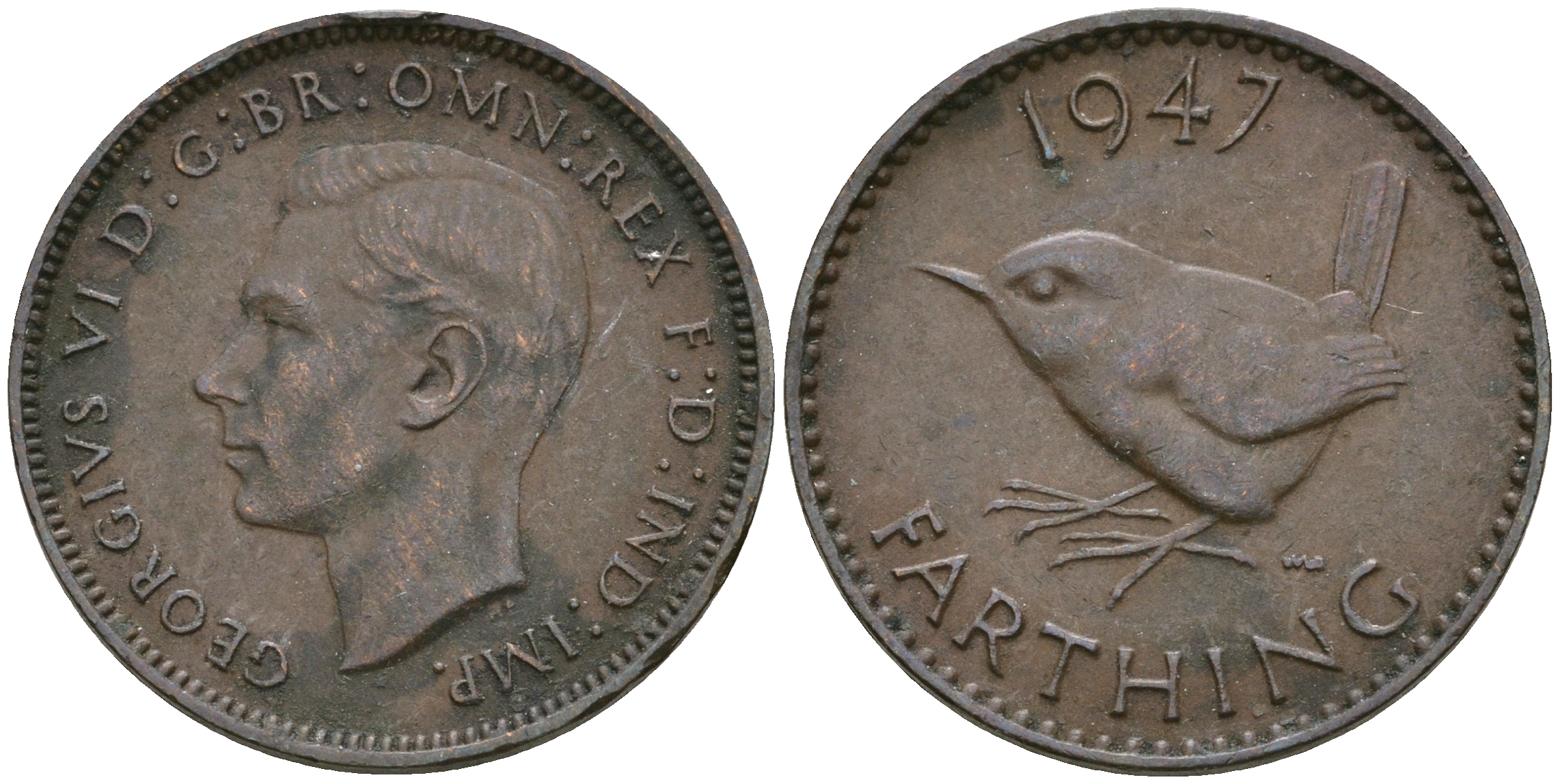 Великобритания 1 фартинг 1947 Георг VI (1936-1952) KM 843, Spink 4116 бронза 08-1438