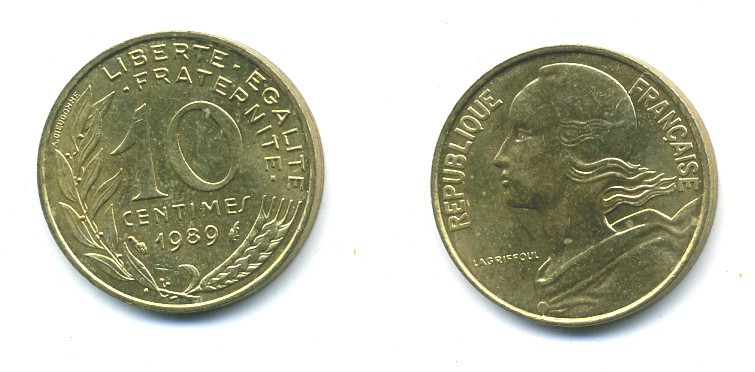Франция 10 сантимов 1989 тип Marianne KM 929, le Franc 144.29 алюминиевая бронза 84-1637