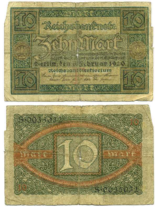 ГЕРМАНИЯ 10 МАРОК 1920 6 ФЕВРАЛЯ 1920, БУКВА F, СЕРИЯ S, СЕМЬ ЦИФР В НОМЕРЕ СЕРИИ Pick 67a, Rosenberg 63а бумага 7198-24-1-2