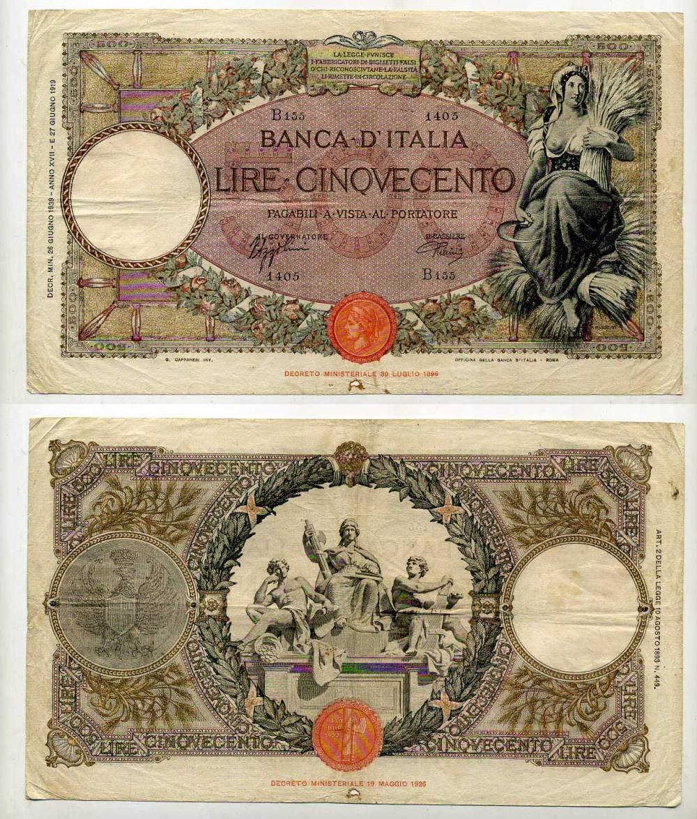 Италия 500 лир 1939 Pick 51d бумага 451-212-1