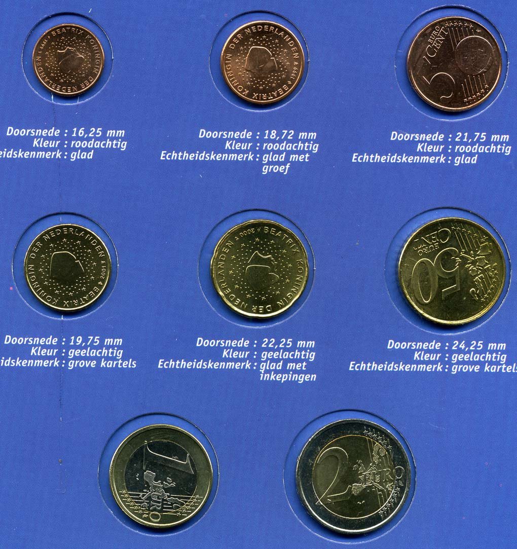 Нидерланды евронабор из 8 монет 1999-2001 официальный выпуск, в картонном буклете, с описанием биметалл UNC 7-3-1-03