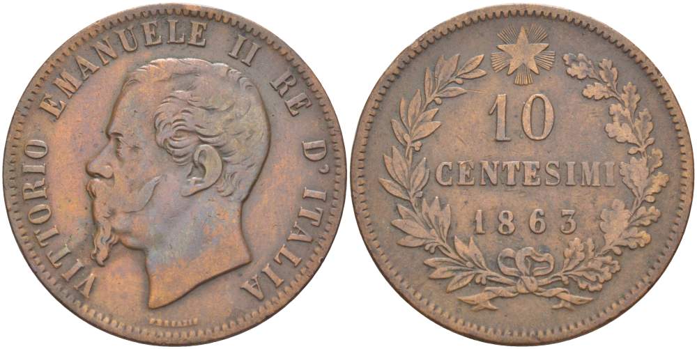 ИТАЛИЯ 10 ЧЕНТЕЗИМО 1863 МОНДВОР ПАРИЖ, ВИКТОР ЭММАНУИЛ II (1861-1878) KM 11.2 медь 4526-725