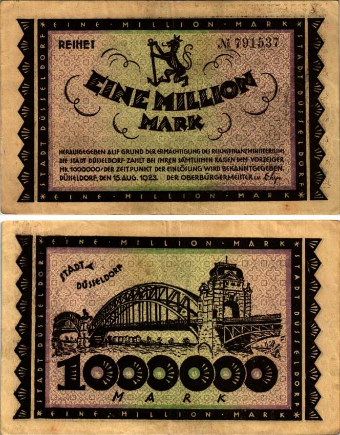 Германия, Дюссельдорф 1000000 марок 1923 15 августа 1923, нотгельд, REIHE I   бумага   444-106-1-1