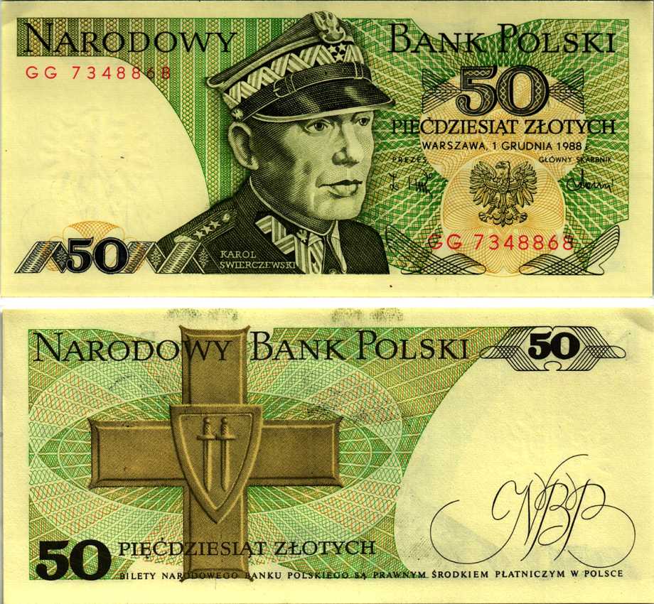 Польша 50 злотых 1988 Кароль Сверчевский, знак Грюнвальдского ордена Pick 142 c бумага аUNC 8607-71-1-2