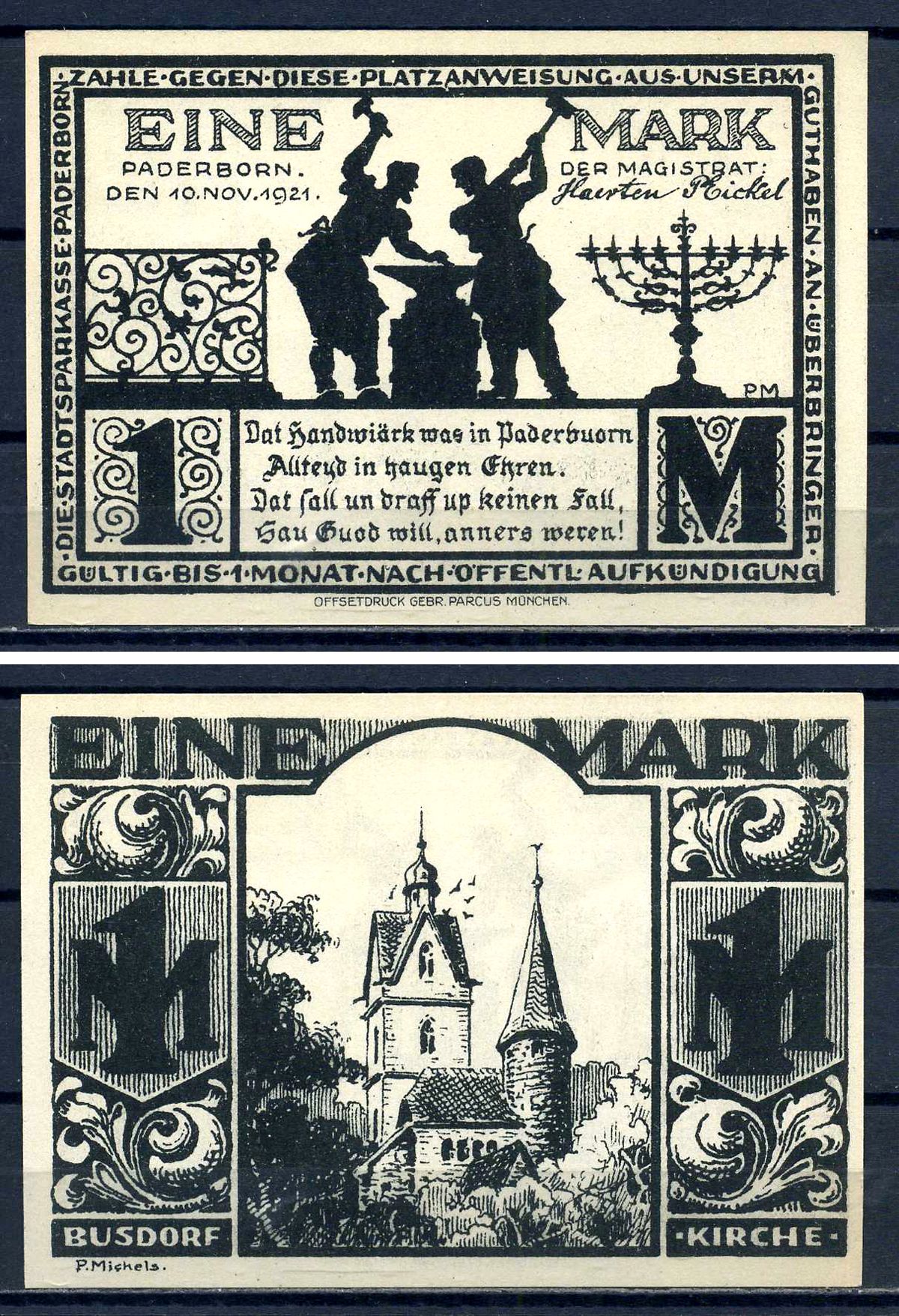 Падерборн (Вестфалия) 1 марка 1921 DeNG 1/2 1043.4-4/5 бумага UNC (пресс) 7556-5-3-1