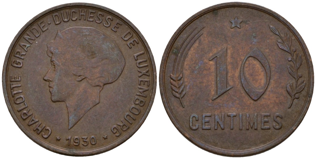 Люксембург 10 сантимов 1930 Шарлотта (1918-1964) KM 41 бронза 4577-645