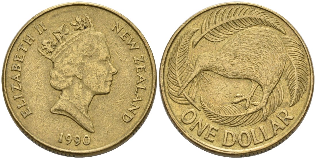 Новая Зеландия 1 доллар 1990 Елизавета II (1952-2022), птица киви KM 78 алюминиевая бронза 29-317