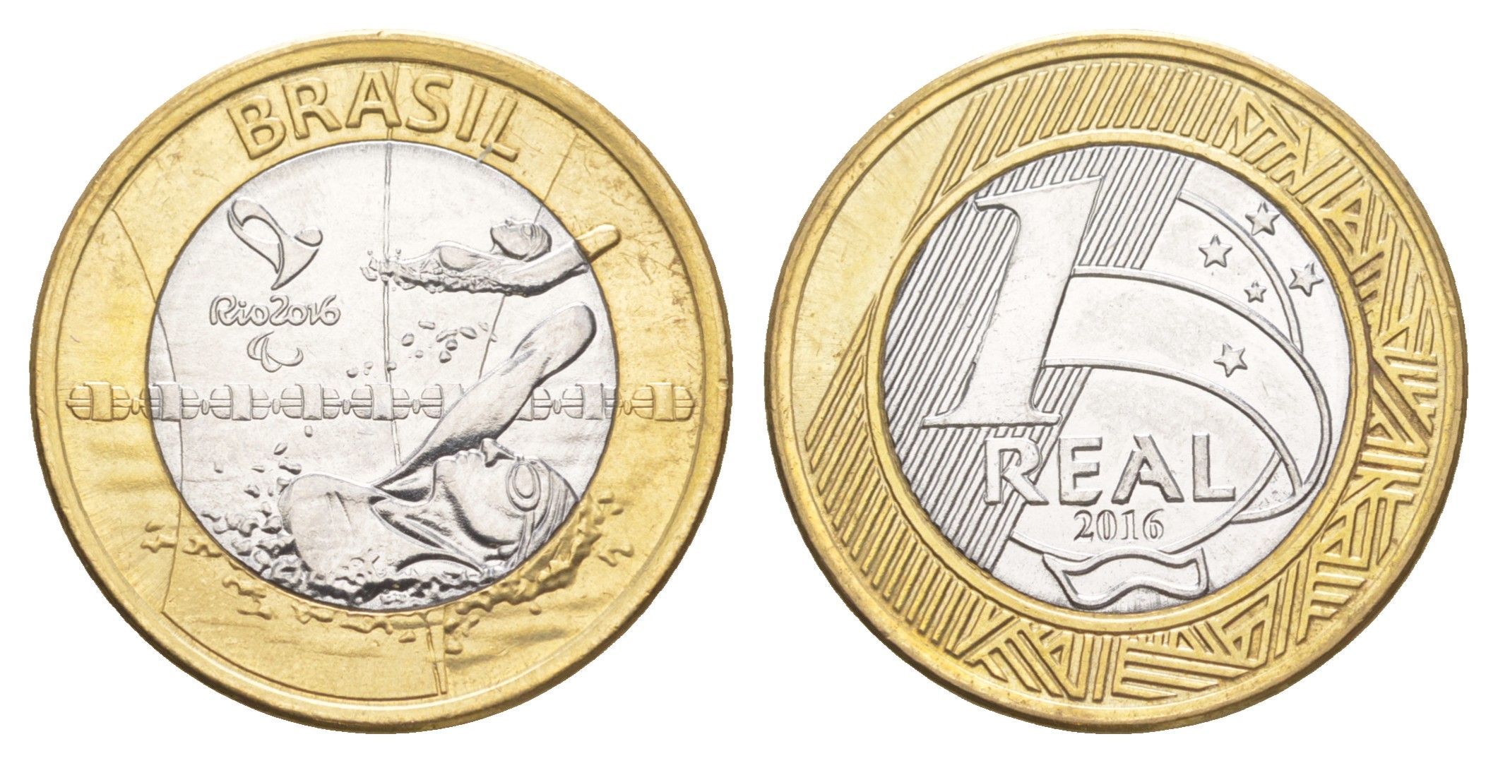 Бразилия 1 реал 2016 XV летние Паралимпийские игры, Рио-де-Жанейро 2016 - Паралимпийское плавание KM 725 биметалл UNC 4646-212