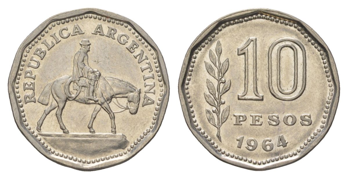 Аргентина 10 песо 1964 Гаучо KM 60 сталь плакированная никелем aUNC 4628-927