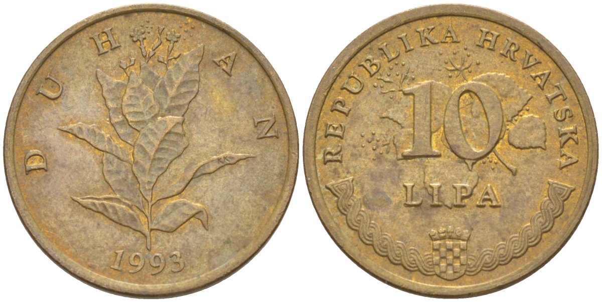 Хорватия 10 лип 1993 табак обыкновенный, легенда на хорватском KM 6 сталь плакированная латунью 4551-1114