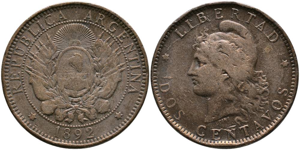Аргентина 2 сентаво 1892 голова свободы влево KM 8 бронза 4531-1125