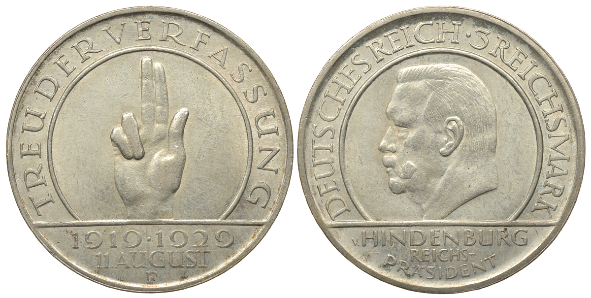 Германия 3 марки 1929 F, 10 лет Веймарской Конституции, цена по каталогу МТ 100 евро J. 340, KM 63 серебро UNC 413-6124