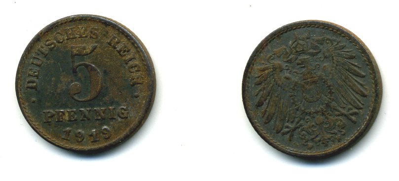 ГЕРМАНИЯ 5 ПФЕННИГОВ 1919 F KM 19, J. 297 железо 54-421