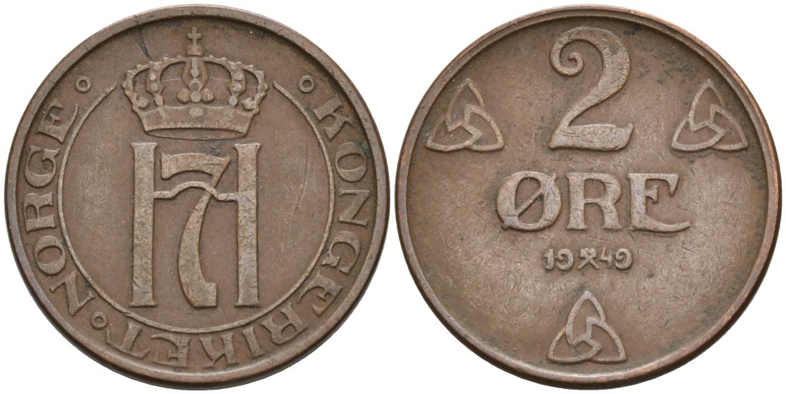 Норвегия 2 эре 1949 Хокон VII (1905-1957) KM 371 бронза 4573-714