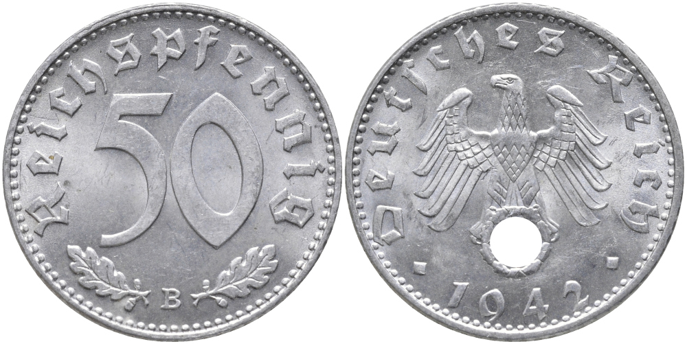Германия 50 рейхспфеннигов 1942 B KM 96, J. 372 алюминий UNC 413-4033