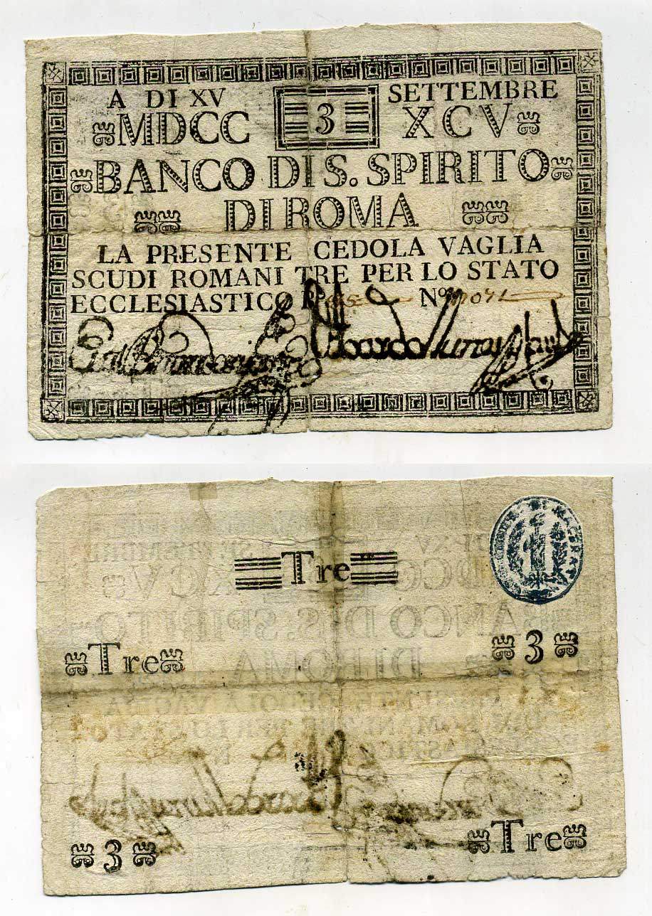 Папская область 3 скуди 1795 Banco Di S. Spirito Di Roma Pick S 377 бумага 451-281-1