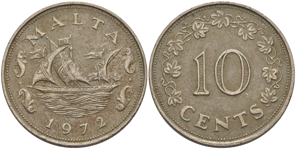 Мальта 10 центов 1972 баржа Великого магистра KM 11 медно-никель 82-344