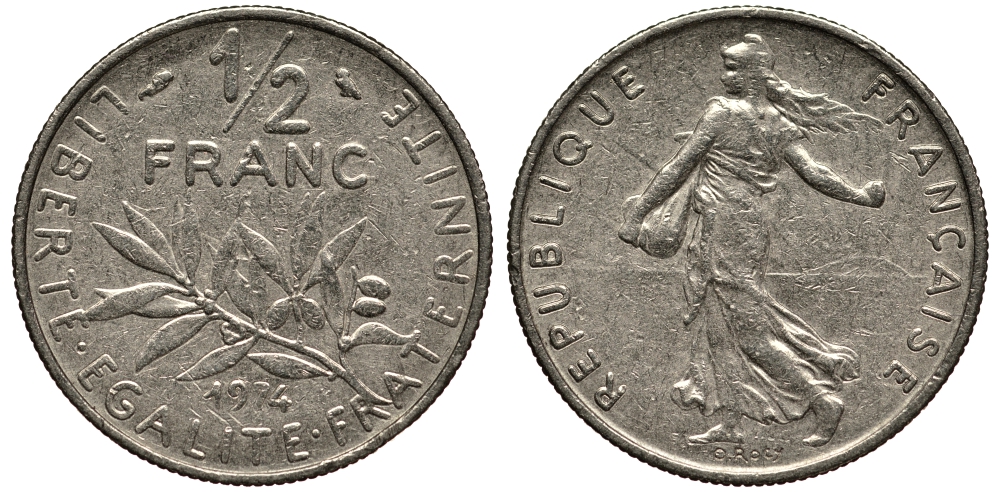 ФРАНЦИЯ 1/2 ФРАНКА 1974 СЕЯТЕЛЬ KM 931.1, LE FRANC 198.13 никель 4390-745
