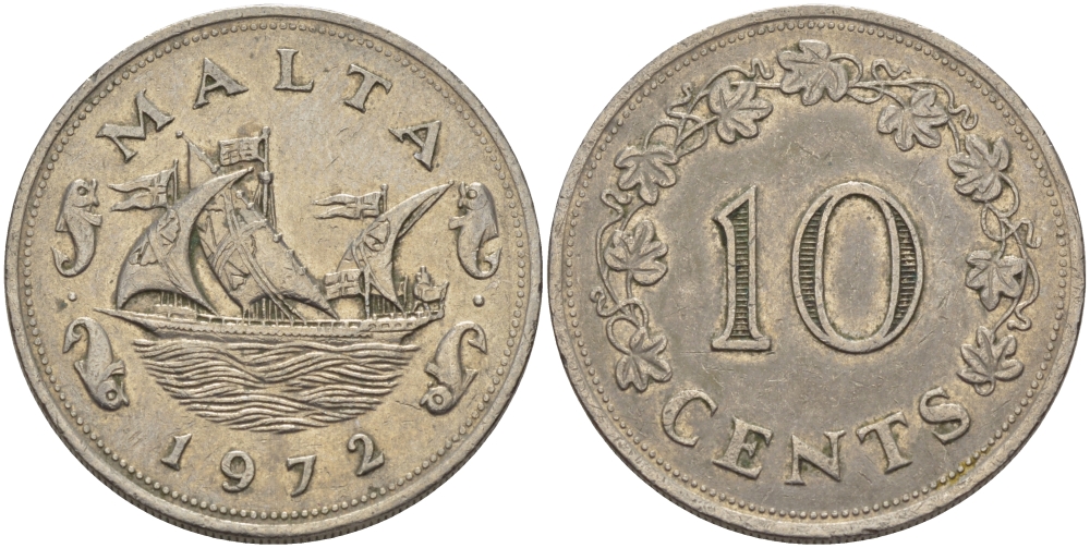 Мальта 10 центов 1972 баржа Великого магистра KM 11 медно-никель 82-341